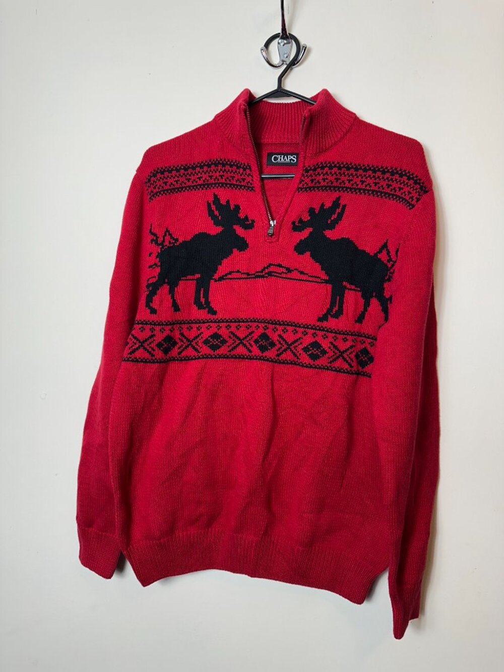 Chaps Mens 1/4 Zip Moose Christmas Pattern Sweater Size M